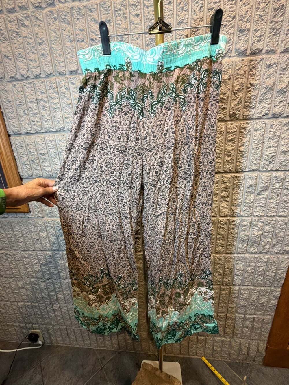 634 En Creme Palazzo Pants Size M Green Boho Wide Leg